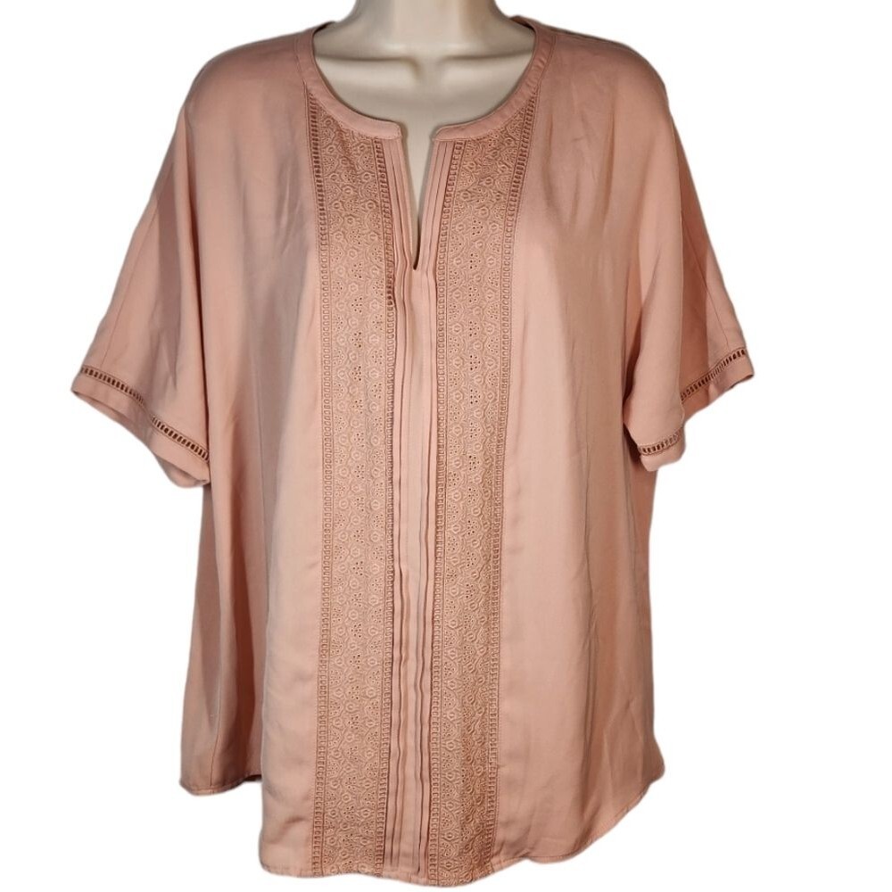 C Wonder‎ Top Blouse Tunic Short Sleeve Pink Flowy Embroidered Lace Oversized M